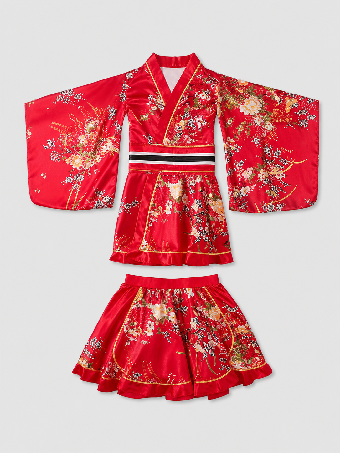 Kimono with Belt and Short Skirt, Floral Print