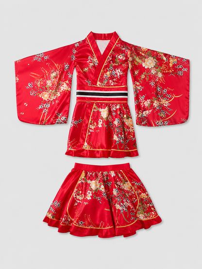 Kimono with Belt and Short Skirt, Floral Print
