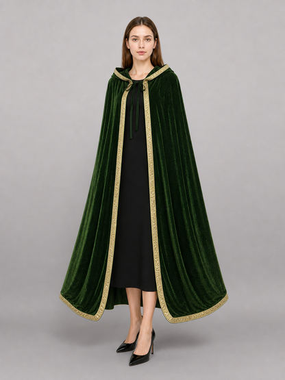 Green costume cloak with hood, gold trim