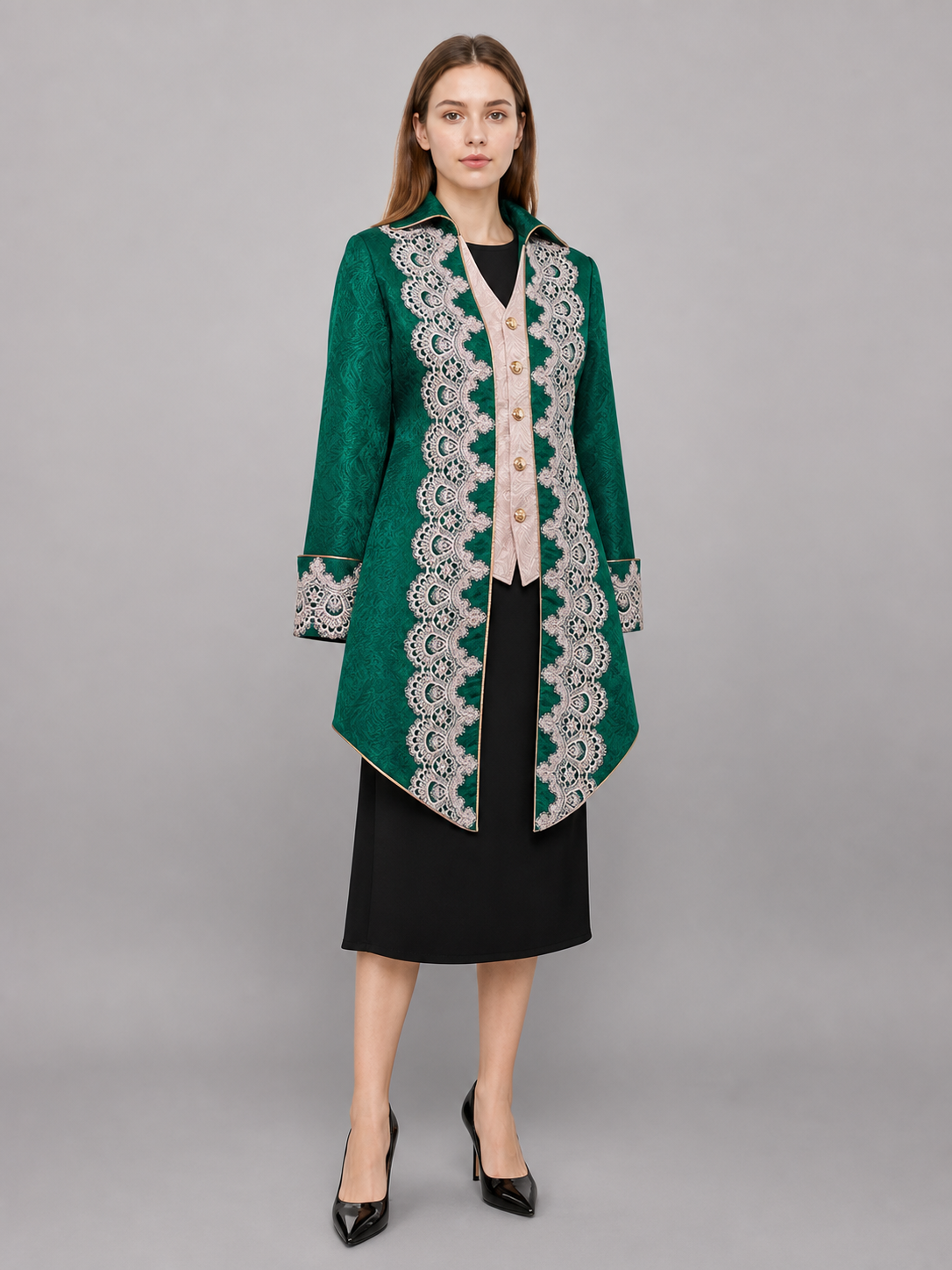 Vintage emerald tailcoat with decorative ornament