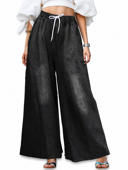 Solid Black Wide-Leg Pants with Elastic Waist and Contrast White Drawstrings included items 4