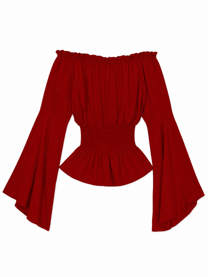 Long-Sleeve Peplum Blouse, Deep Red