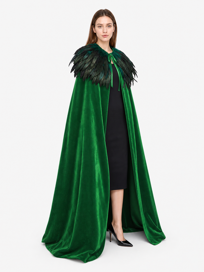 Green Carnival Cloak with Feather Trim