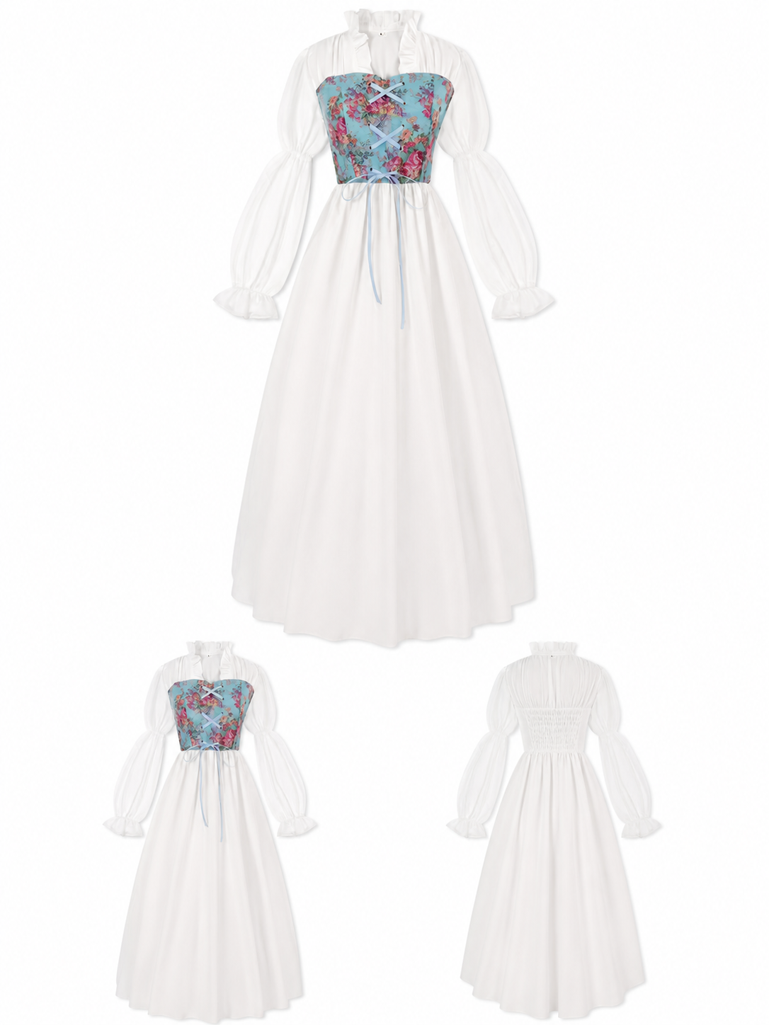 White Long Dress with Floral Print and Lace-Up Detail