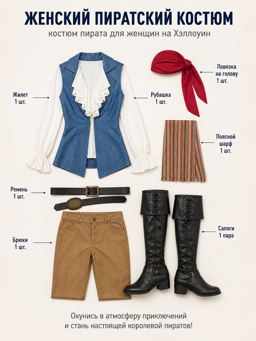 Pirate Costume with Vest and Striped Scarf included items