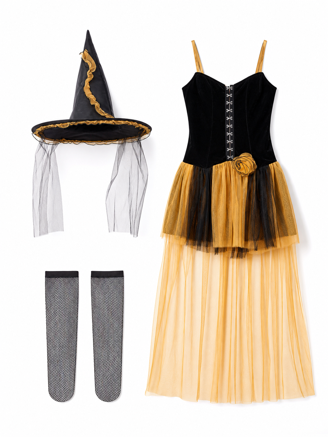 Black and Yellow Witch Costume Dress with Layered Skirt