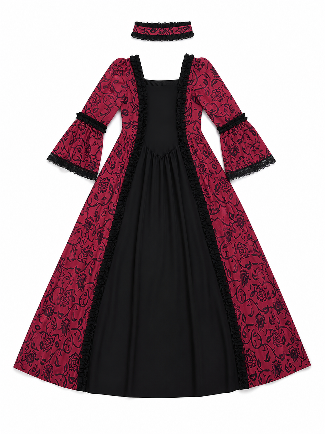 Women’s Gothic Medieval Court Costume Dress 2pcs Set With Neck Accessory, Red Black Scroll Print, Square Neck Long Sleeve Cosplay Outfit