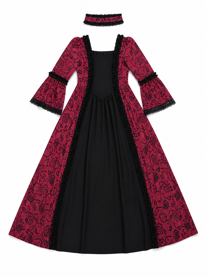 Women’s Gothic Medieval Court Costume Dress 2pcs Set With Neck Accessory, Red Black Scroll Print, Square Neck Long Sleeve Cosplay Outfit