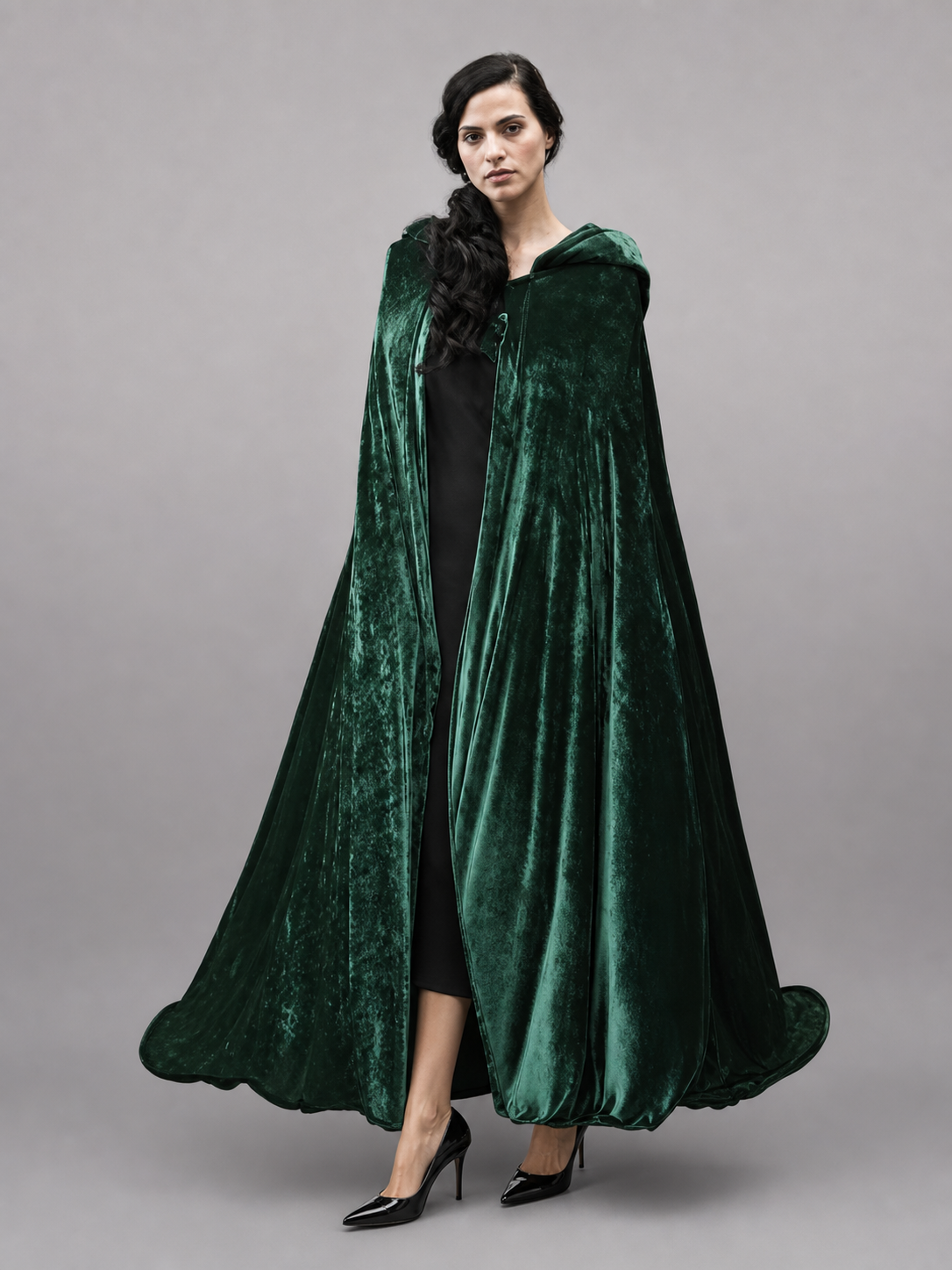 Dark green hooded velvet costume cape product view 73