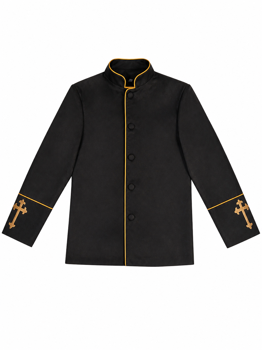 Black stand-collar jacket with gold trim