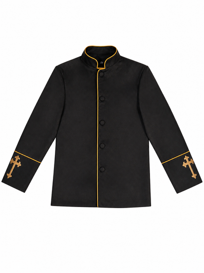 Black stand-collar jacket with gold trim