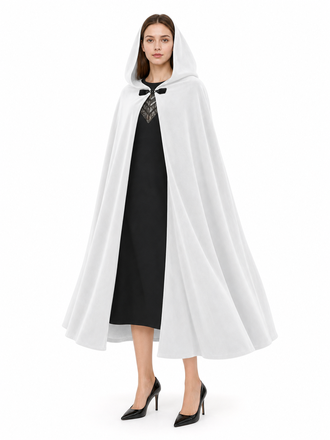 Medieval White Velvet Hooded Long Cloak Cape with Black Bow Tie Front Flared Hem