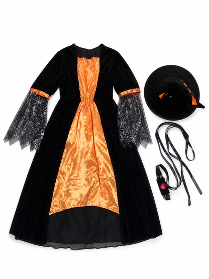 Witch-style costume set featuring a long black dress with long sleeves, a wide flared bottom, and a black pointed hat. The design uses orange, silver, and black colors. The center front of the dress features an orange decorative element, an