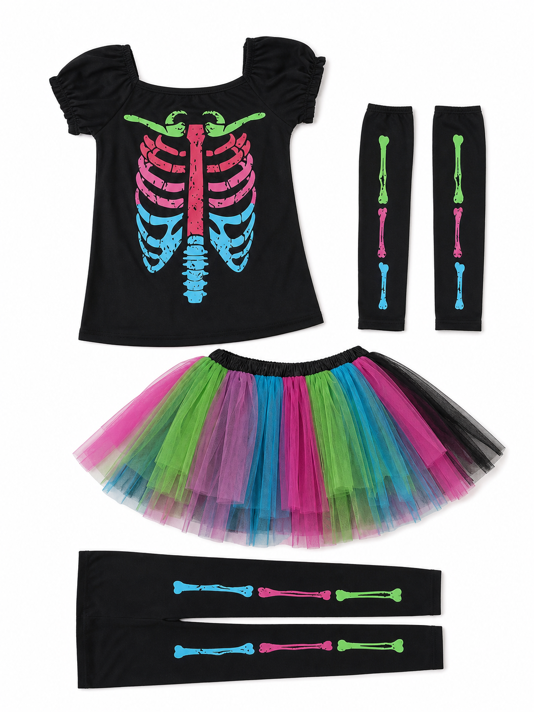 Skeleton costume with a multicolored skirt
