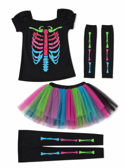 Skeleton costume with a multicolored skirt