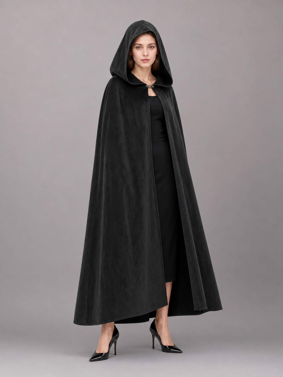 Long black hooded costume cloak