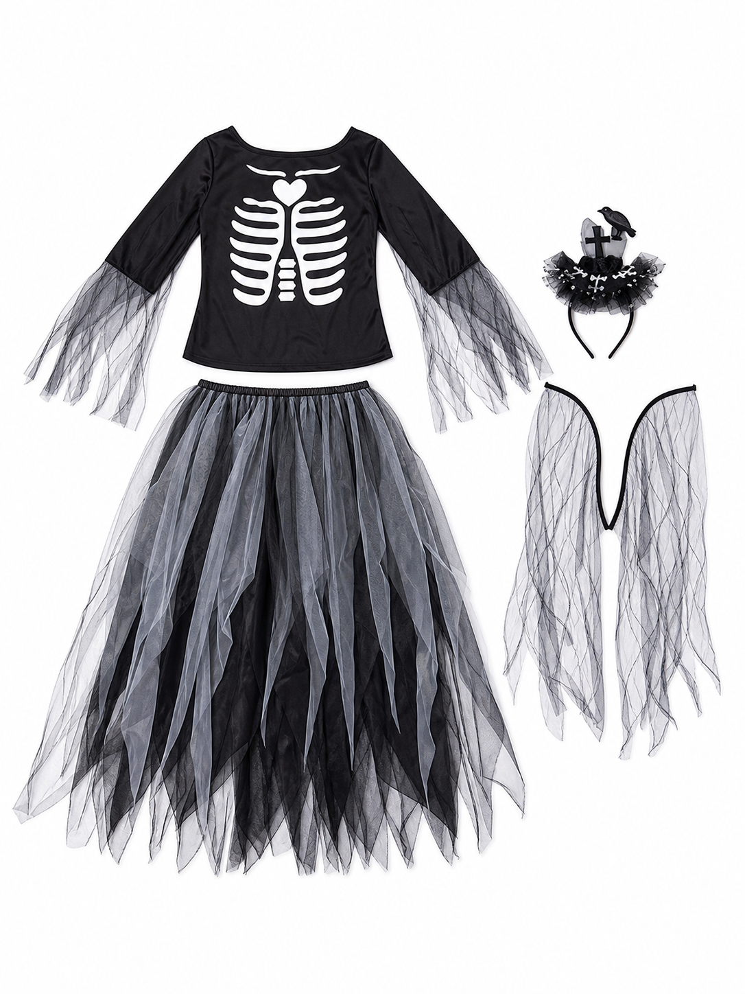Skeleton costume dress with wings and headpiece