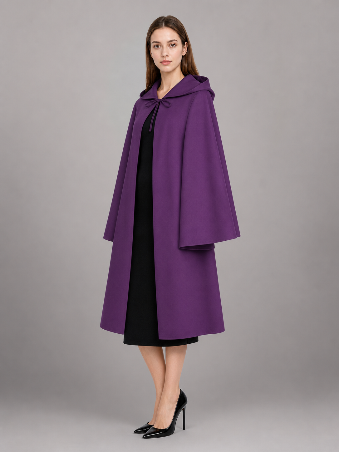 Purple hooded costume cloak with zipper