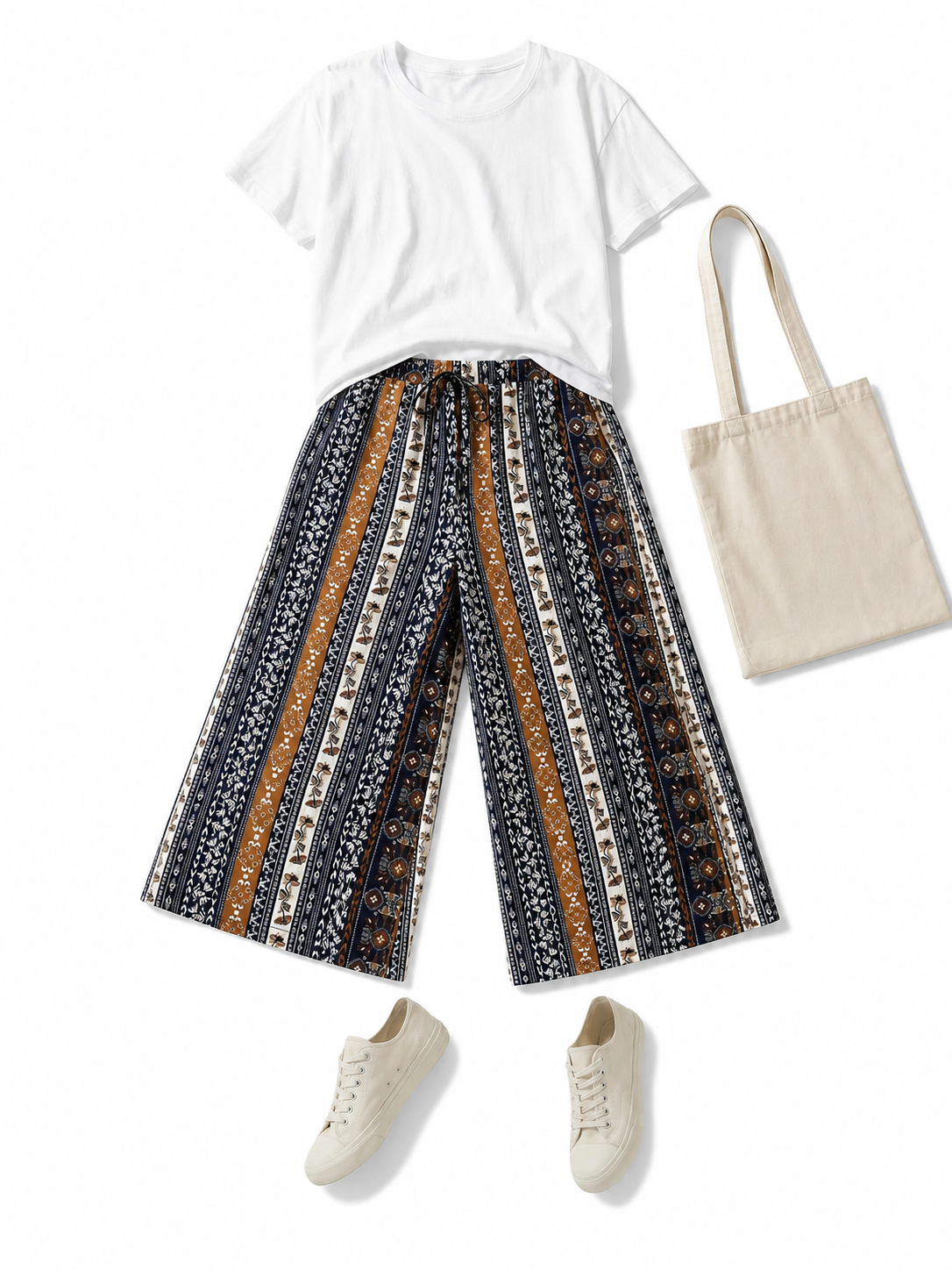 Bohemian High-Waist Wide-Leg Drawstring Pants with Multi-Color Vertical Stripes included items