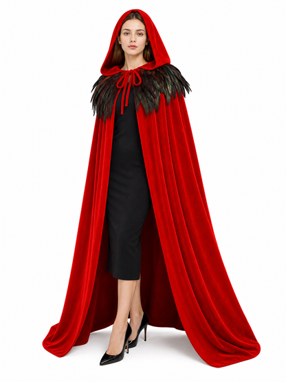Red hooded feather-trimmed cape product view 22