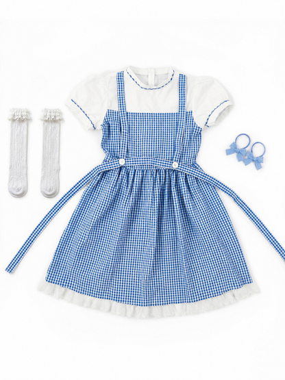 Blue and White Plaid Dress Set with Accessories
