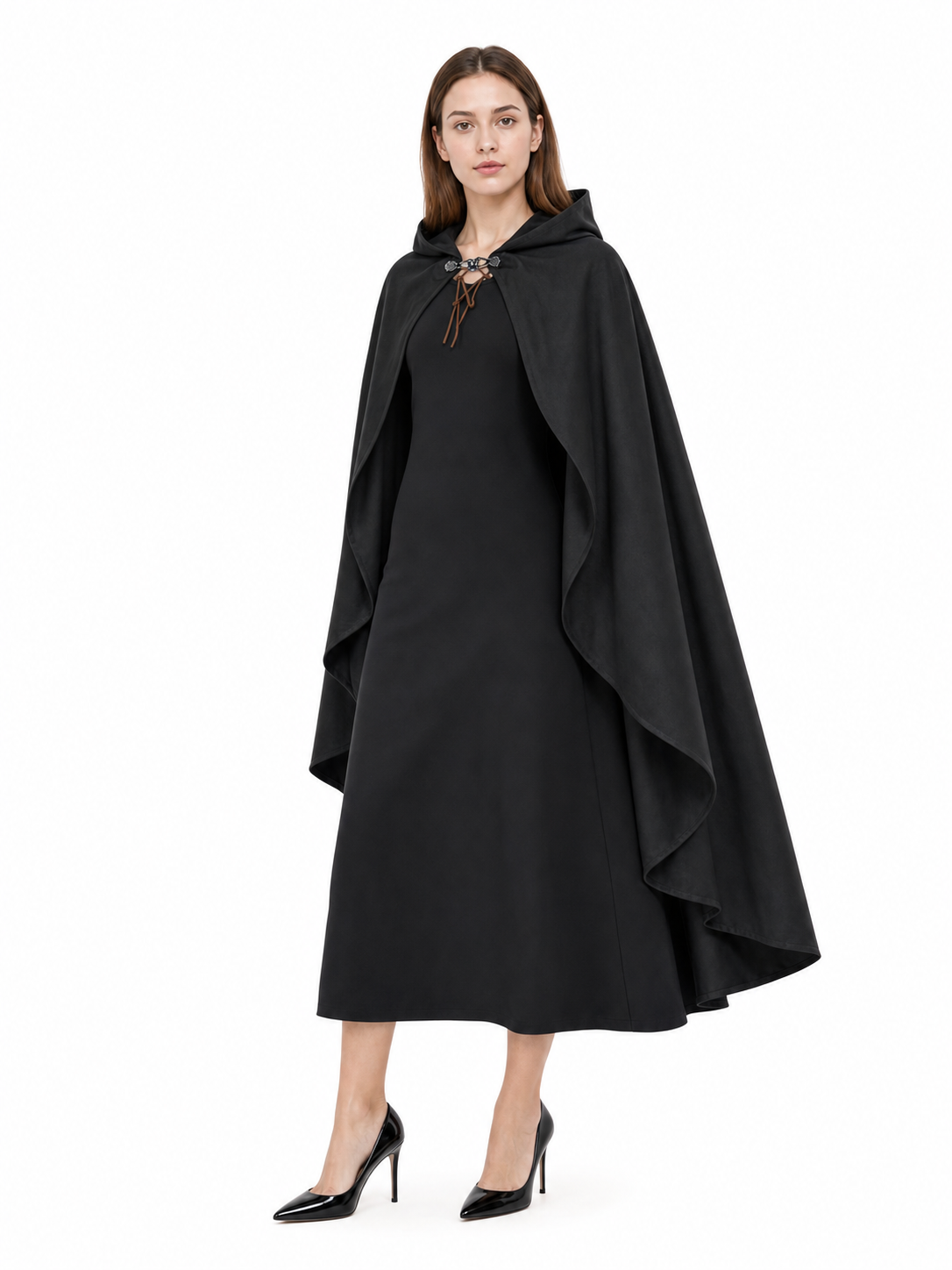 Black hooded medieval costume cloak product view 43
