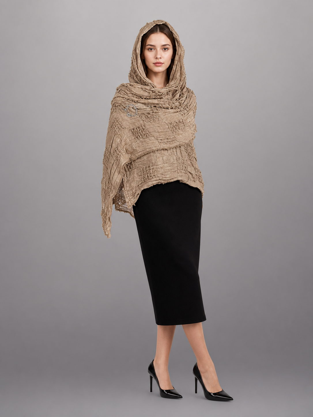 Boho Hooded Scarf Cape, Khaki