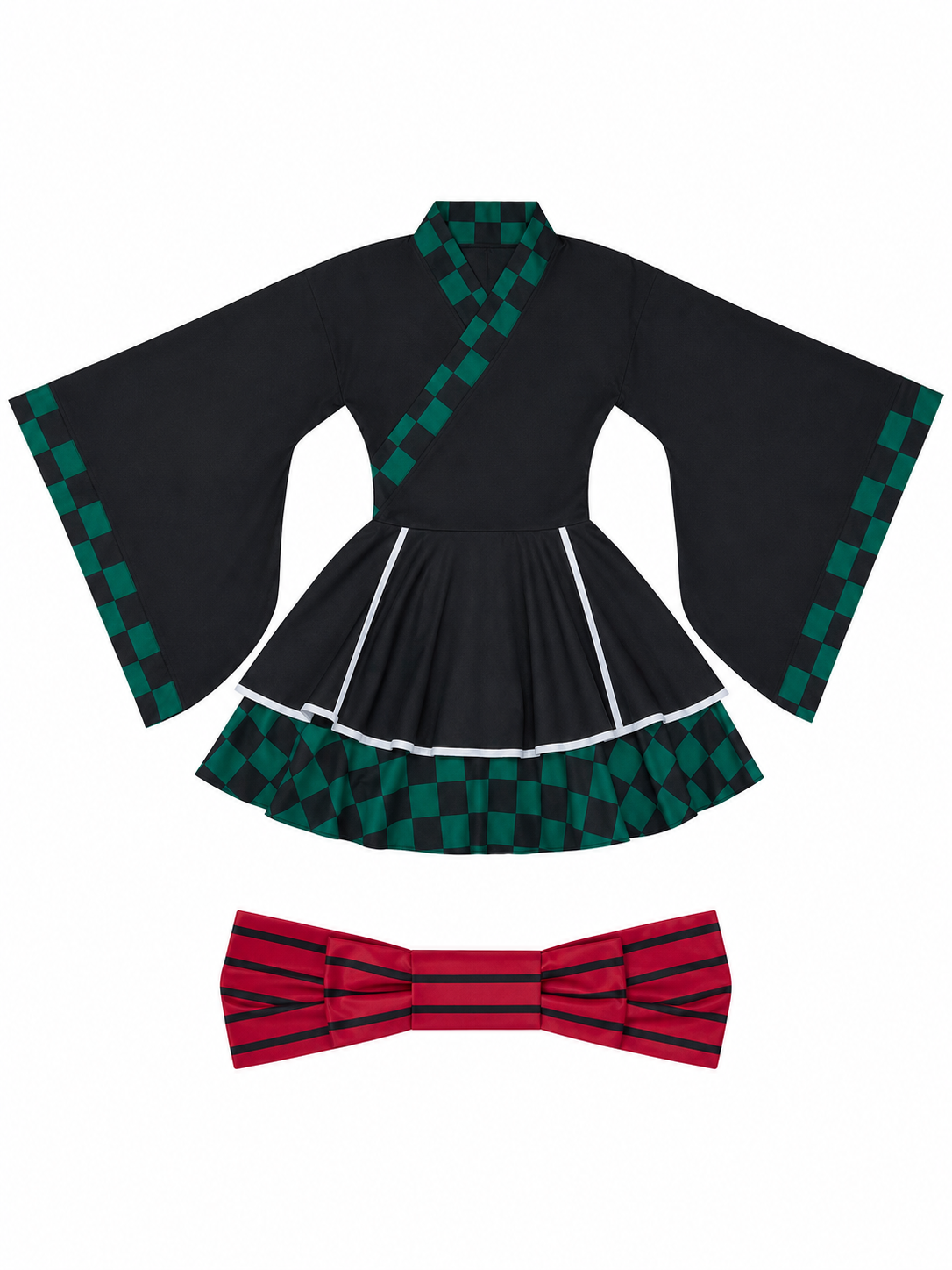 Tanjiro Cosplay Dress, Black with Green Plaid