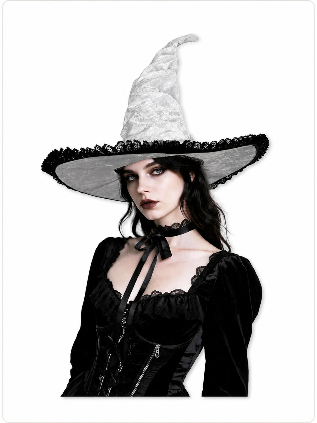White and Black Witch Hat, Wide Brim Pointed Hat with Lace Trim and Curved included items