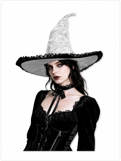 White and Black Witch Hat, Wide Brim Pointed Hat with Lace Trim and Curved included items