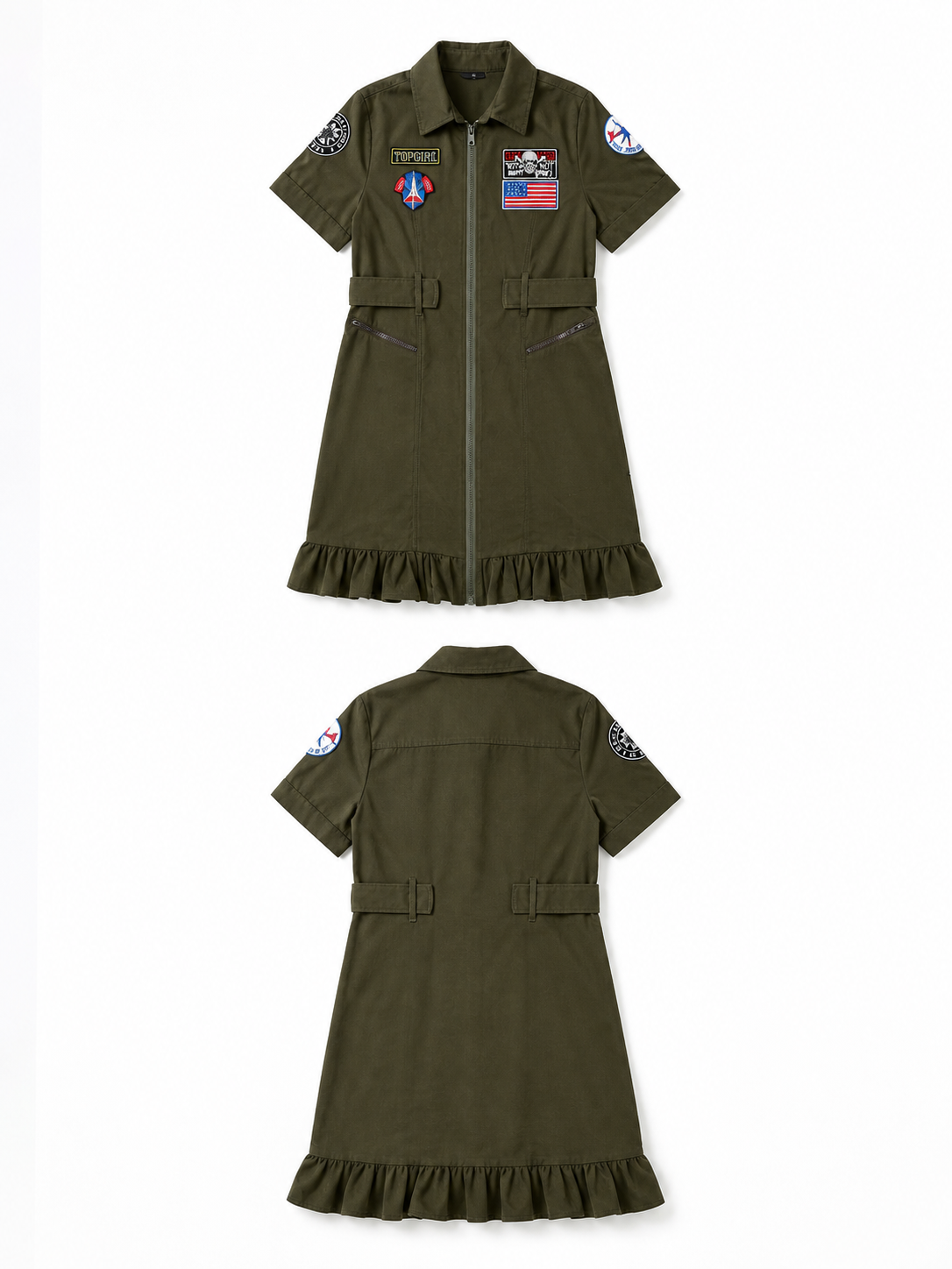 Olive Military-Style Dress with Patches included items