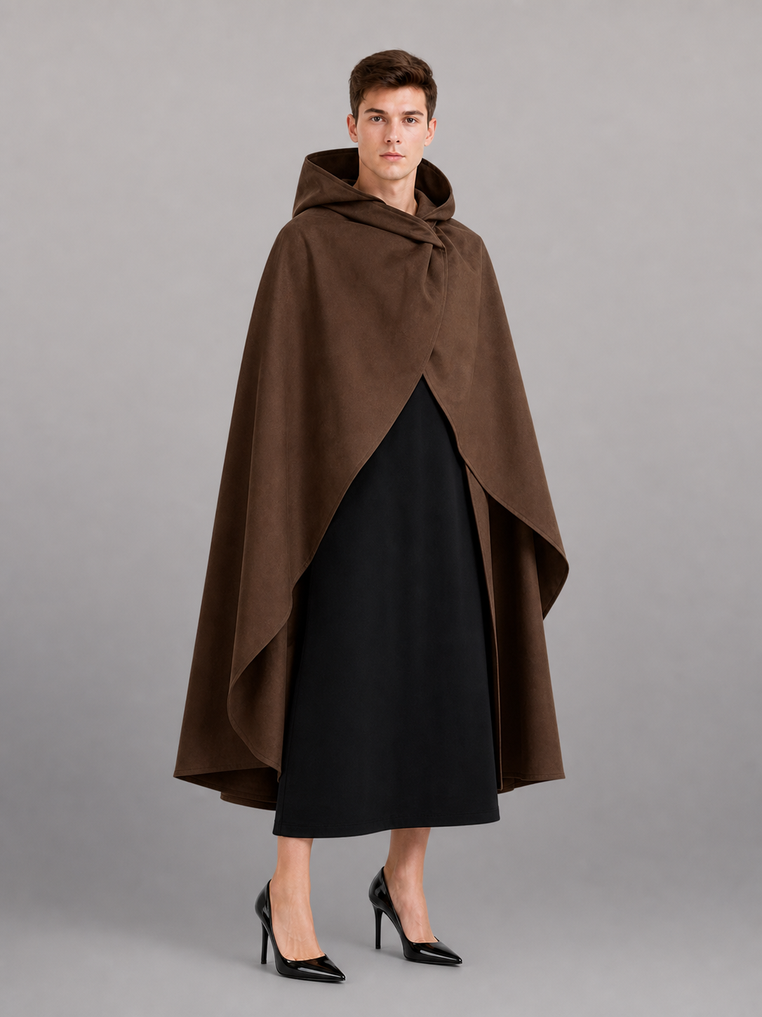 Medieval Fantasy Hooded Cloak, Deep Brown Long Draped Cape with Overlapping Front and Pointed Hem for Role Play, Stage Styling and Outdoor Wear