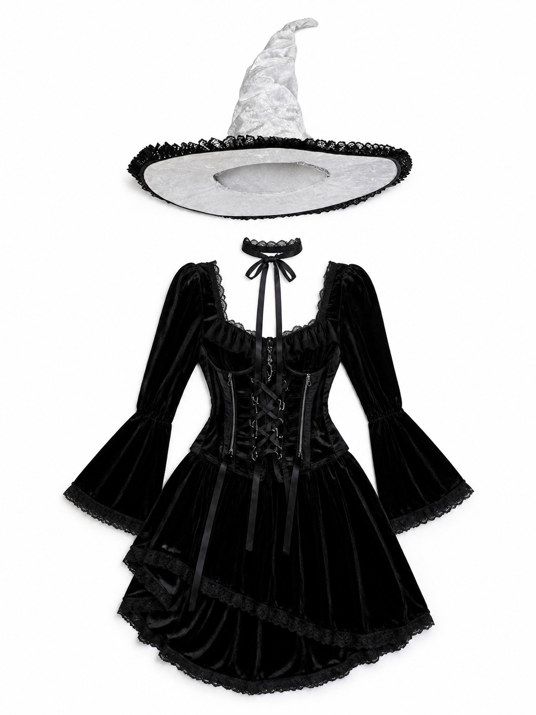 White and Black Witch Hat, Wide Brim Pointed Hat with Lace Trim and Curved included items 2