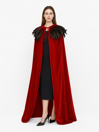 Red Velvet Cape with Feather Trim