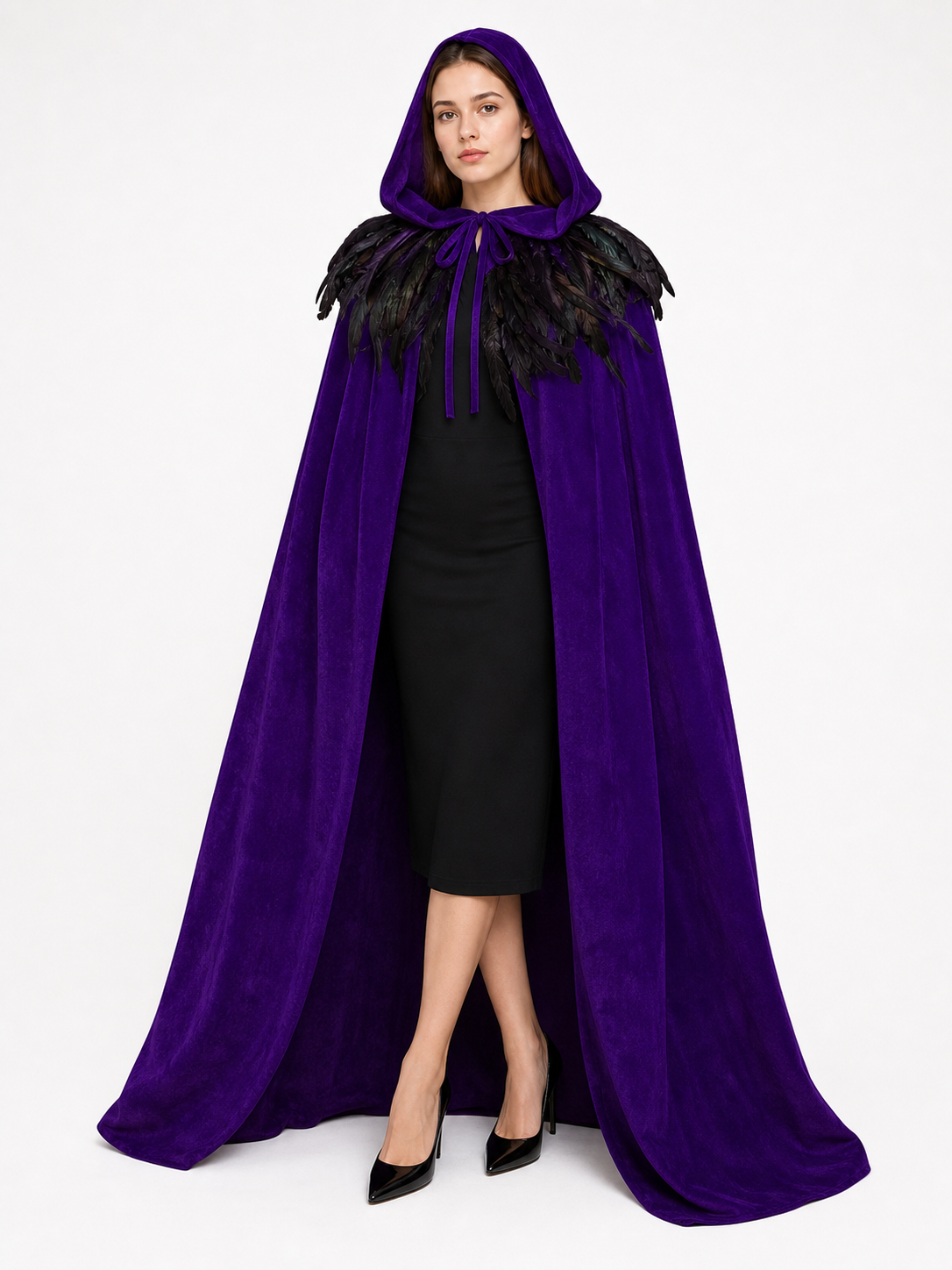 Purple Velvety Hooded Cape with Feathers