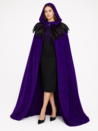 Purple Velvety Hooded Cape with Feathers