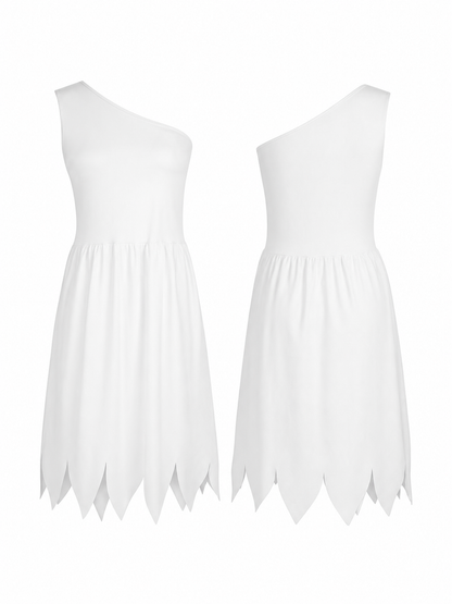 Women's White Cavewoman Costume Dress: One-Shoulder Asymmetric Neckline included items 8
