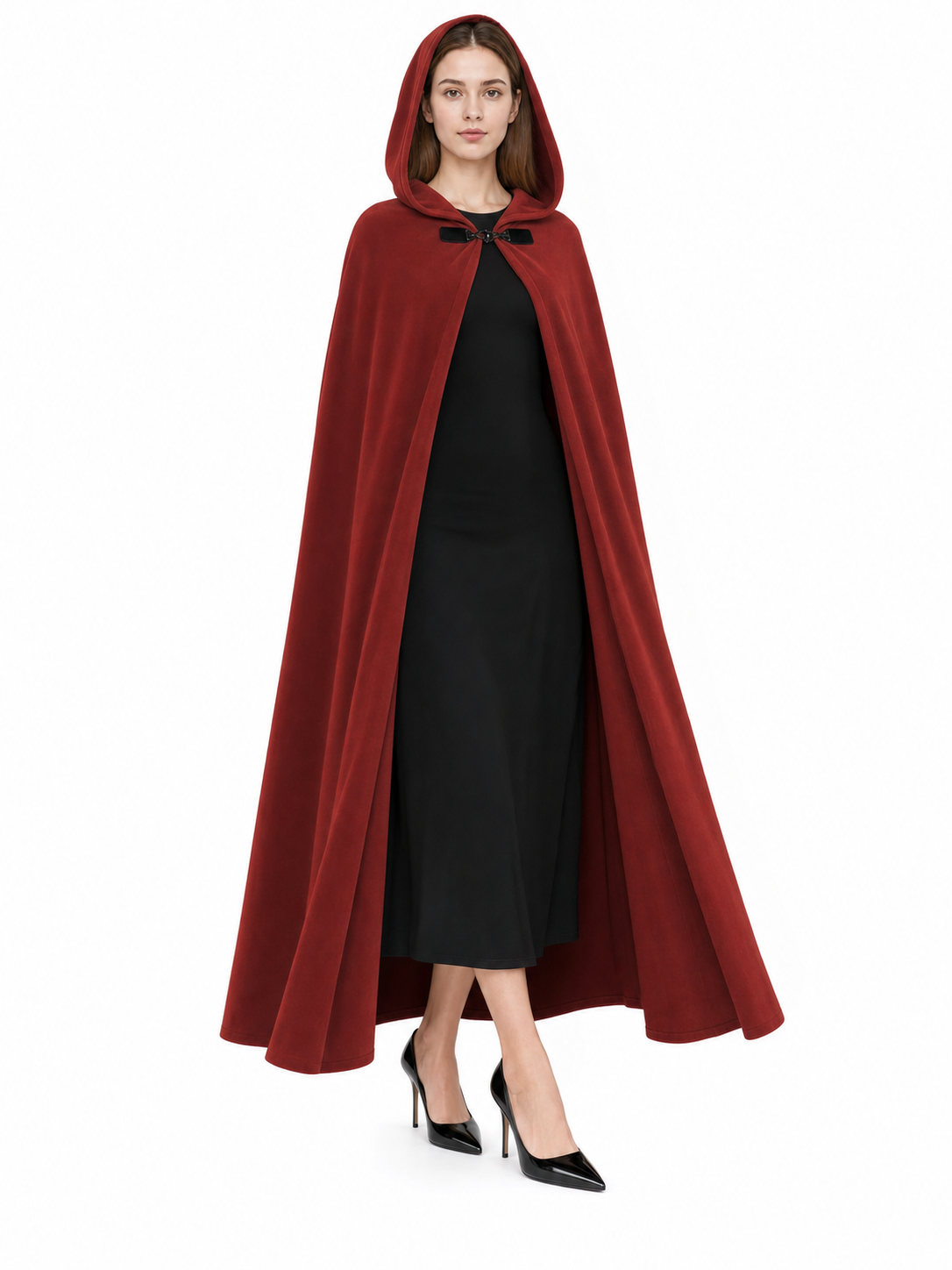 Medieval Hooded Cape with Oversized Hood, Burgundy Velvet-Like Flowing Cloak for Cosplay, Halloween, Themed Parties and Stage Performances