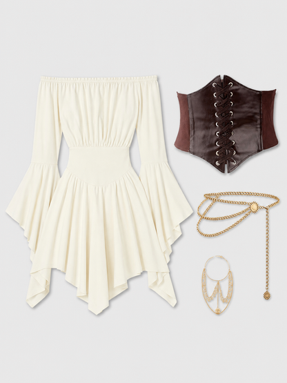 Off-Shoulder Dress with a Lace-Up Waist Belt