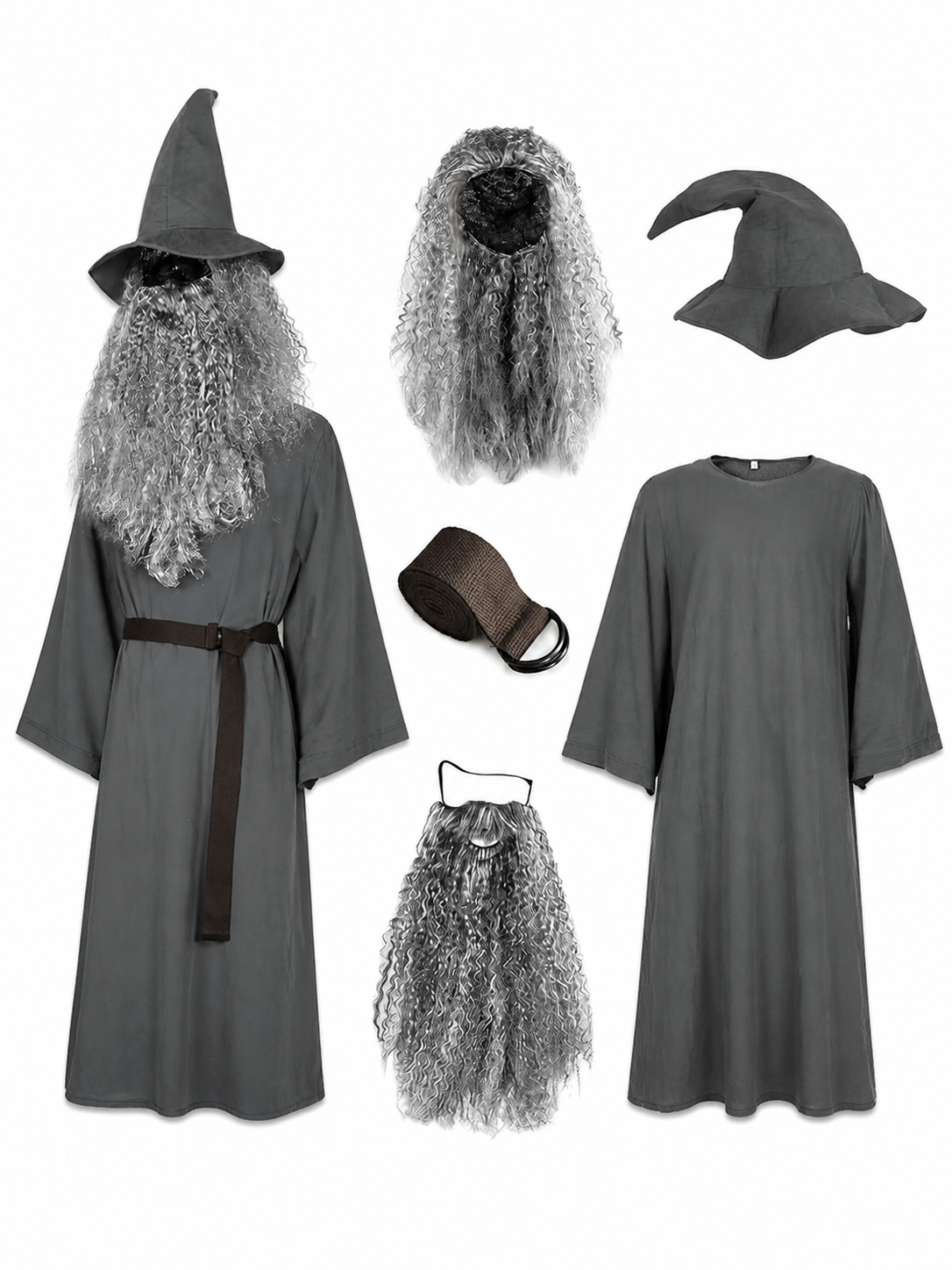 Adult Halloween Wizard Costume Set - 5Pcs Long Sleeve Robe, Curved Hat, Belt included items 2