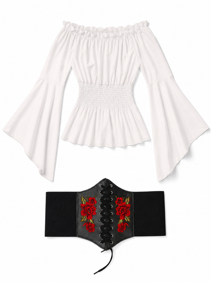 Vintage-Style Blouse with Embroidered Belt