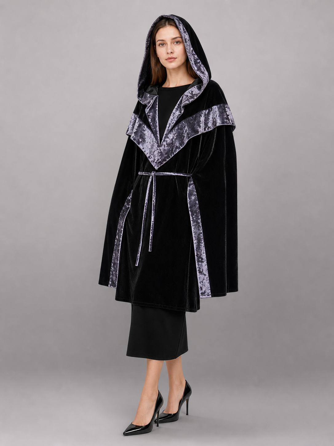 Black Carnival Cloak with Hood and Trim