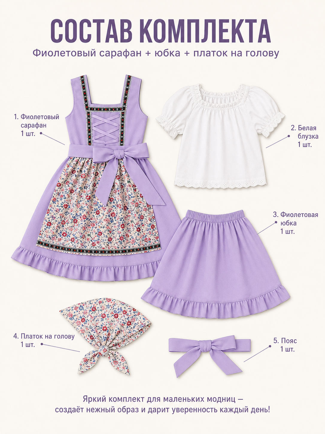 Dirndl Dress with Apron and Headscarf, Purple