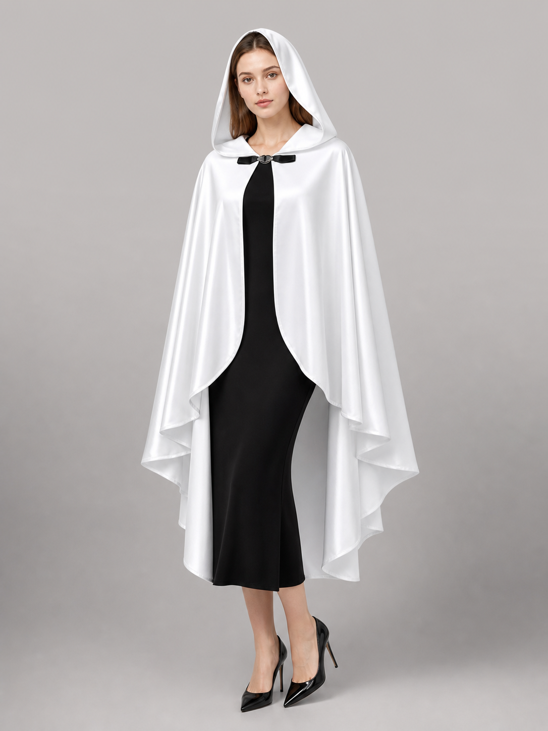 Long white hooded satin-look carnival cape product view 66