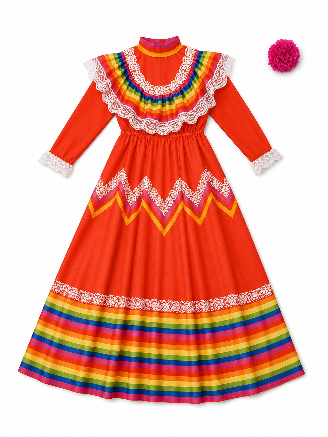 Folk Dress with Ruffles and Rainbow Inserts
