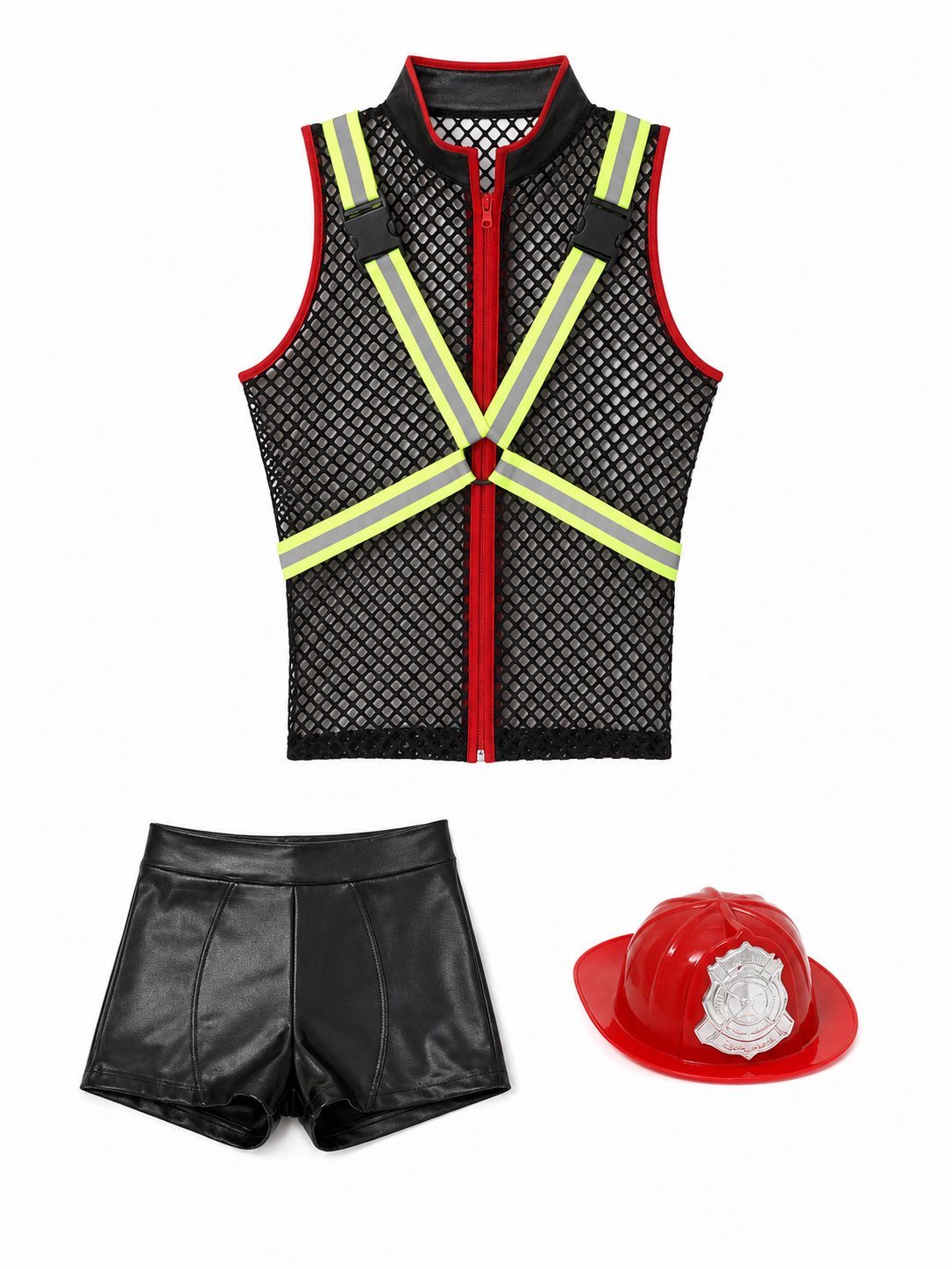 This one-piece romper is designed in the style of a costume for themed parties and cosplay looks. It features a sleeveless, open design, a black mesh upper section with a noticeable texture, and black shorts on the lower section. A red zipp