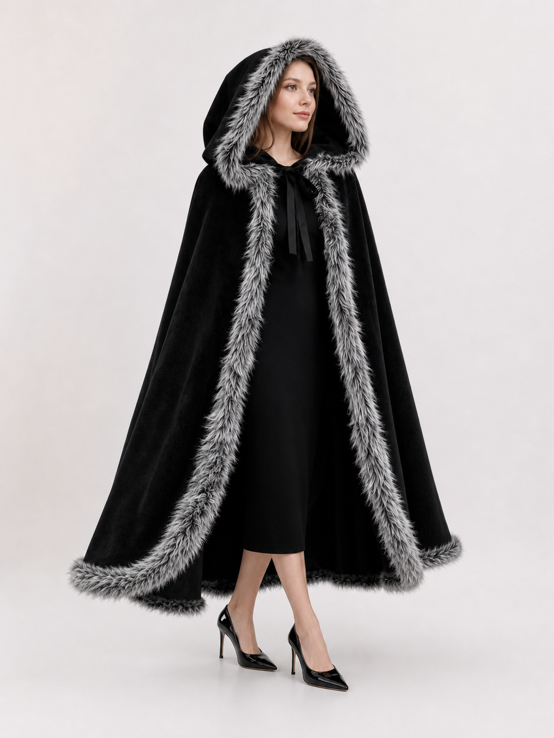 Black carnival cape with hood and shaggy trim