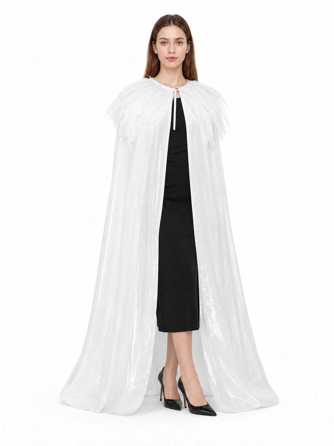 White Velvet Cape with Feather Trim, Maxi