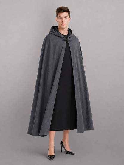 Adult Fantasy Hooded Cape, Long Dark Gray Cloak With Front Tie Closure, Wide included items