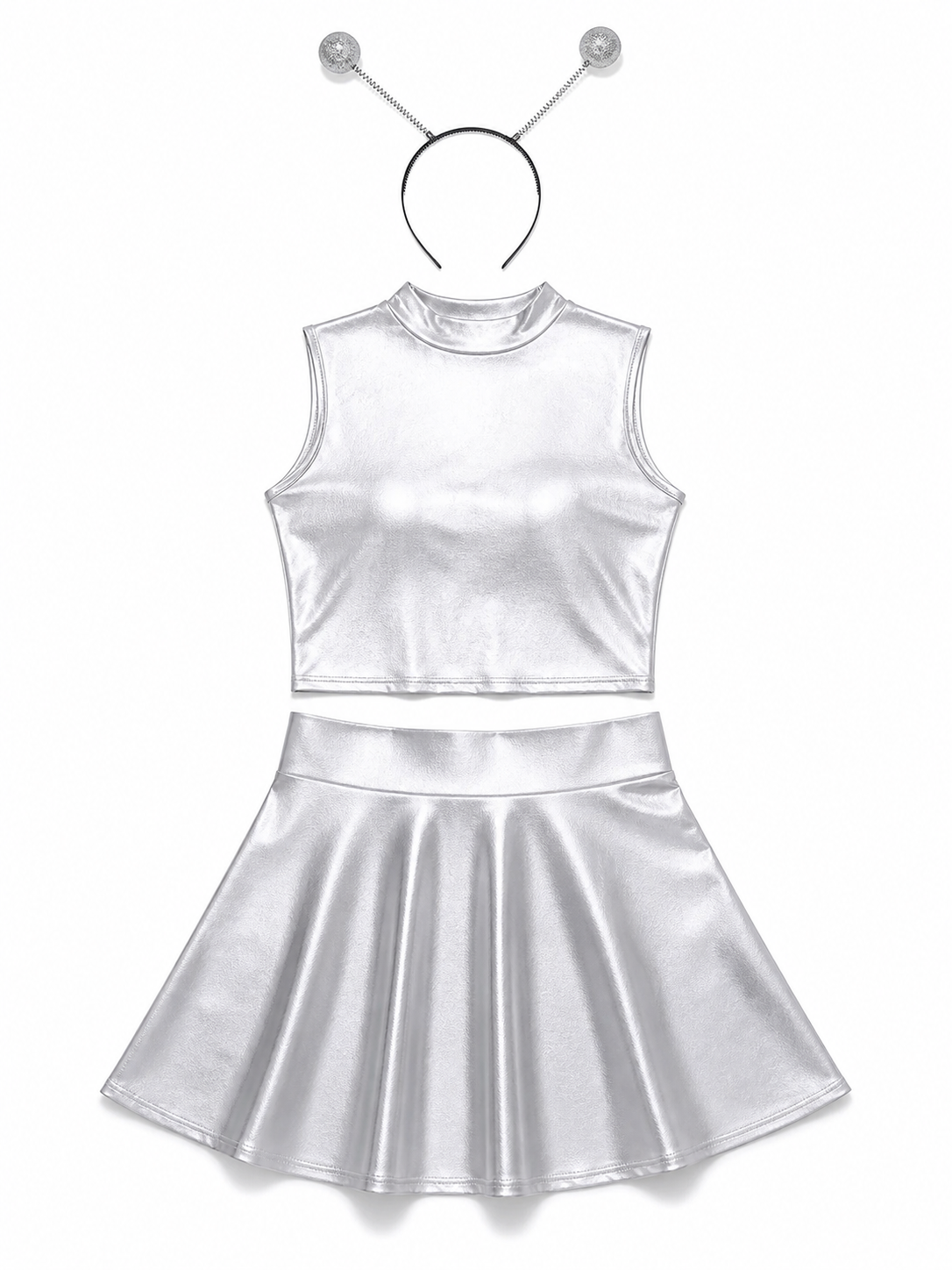 Silver stage costume: top, skirt, and headband